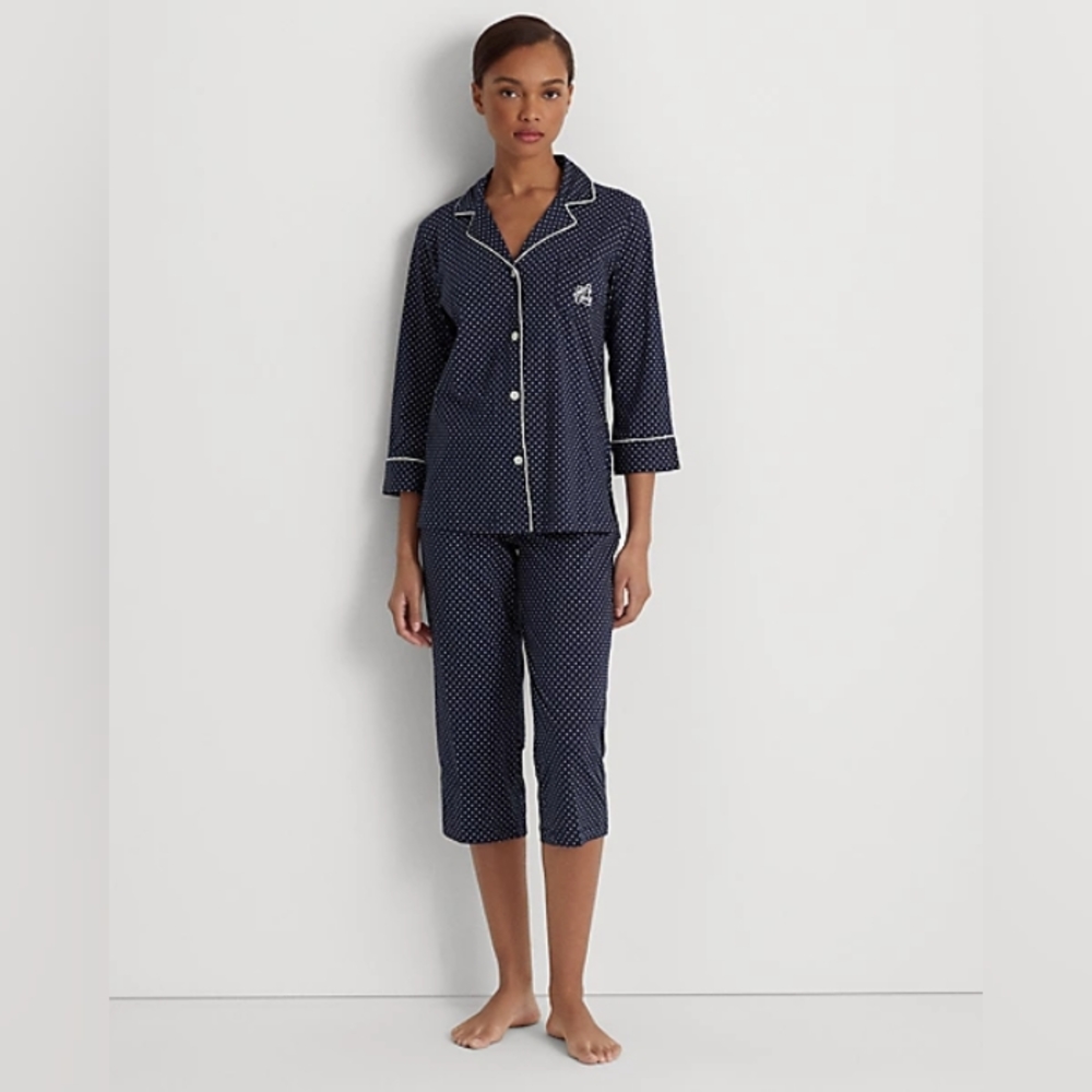 Ralph Lauren Navy Dot Pajama Set with Cream Piping